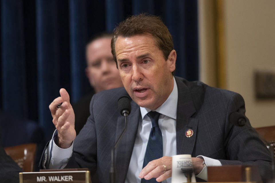 FILE - In this Sept. 18, 2019, file photo, Rep. Mark Walker, R-N.C. speaks during a hearing on Capitol Hill in Washington. With three of North Carolina’s 13 U.S. House incumbents not seeking reelection, nearly 30 congressional candidates are scrambling to win Tuesday, March 4, 2020 primaries in these districts with hopes of soon filling the rare number of open seats (AP Photo/Manuel Balce Ceneta, File)