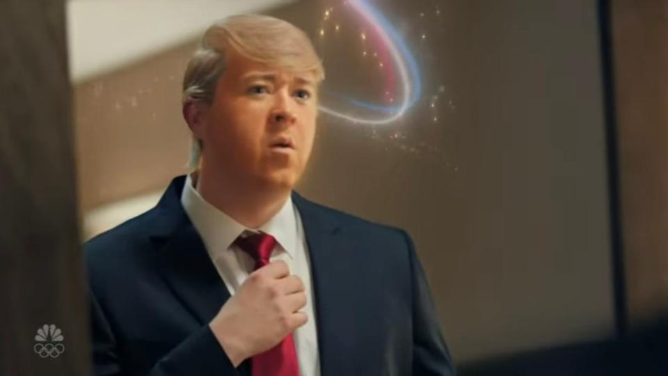 Shane Gillis and James Austin Johnson put their Donald Trump impersonations to the test on Saturday while mocking the former president’s brand-new sneaker line in a parody movie trailer called “White Men Can Trump.” NBC / SNL