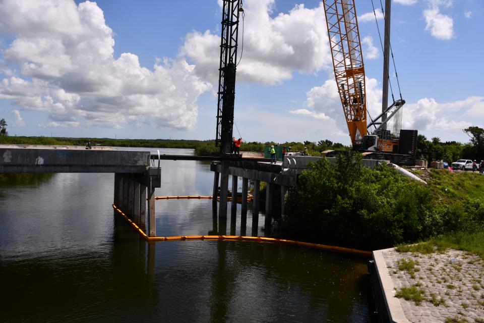 Repair work is underway on the Sykes Creek Bridge at Sea Ray Drive. The bridge has been closed and through traffic blocked off since the bridge was damaged by Hurricane Irma in 2017.