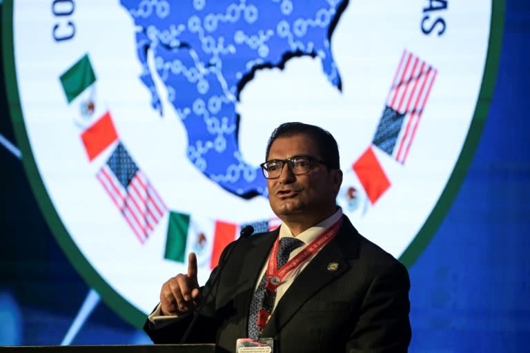 The head of the Mexico's criminal investigation agency, Felipe de Jesus Gallo, delivers a speech during the opening ceremony of the Multilateral Conference on Synthetic Drugs in Mexico City on April 23, 2024 (Yuri CORTEZ)