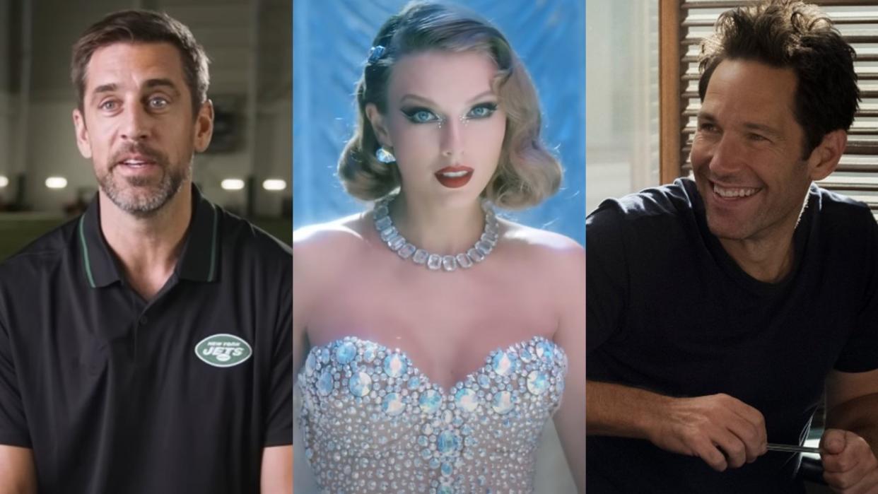  From left to right: Aaron Rodgers in New York Jets polo, Taylor Swift in the Bejeweled music video and Paul Rudd in Ant-Man and the Wasp. 