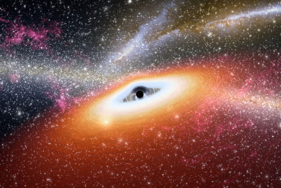 Illustration of a young black hole, such as the two distant dust-free quasars spotted recently by the Spitzer Space Telescope. <a href="http://www.space.com/31-black-holes-universe.html" rel="nofollow noopener" target="_blank" data-ylk="slk:More photos of black holes of the universe;elm:context_link;itc:0;sec:content-canvas" class="link ">More photos of black holes of the universe</a>