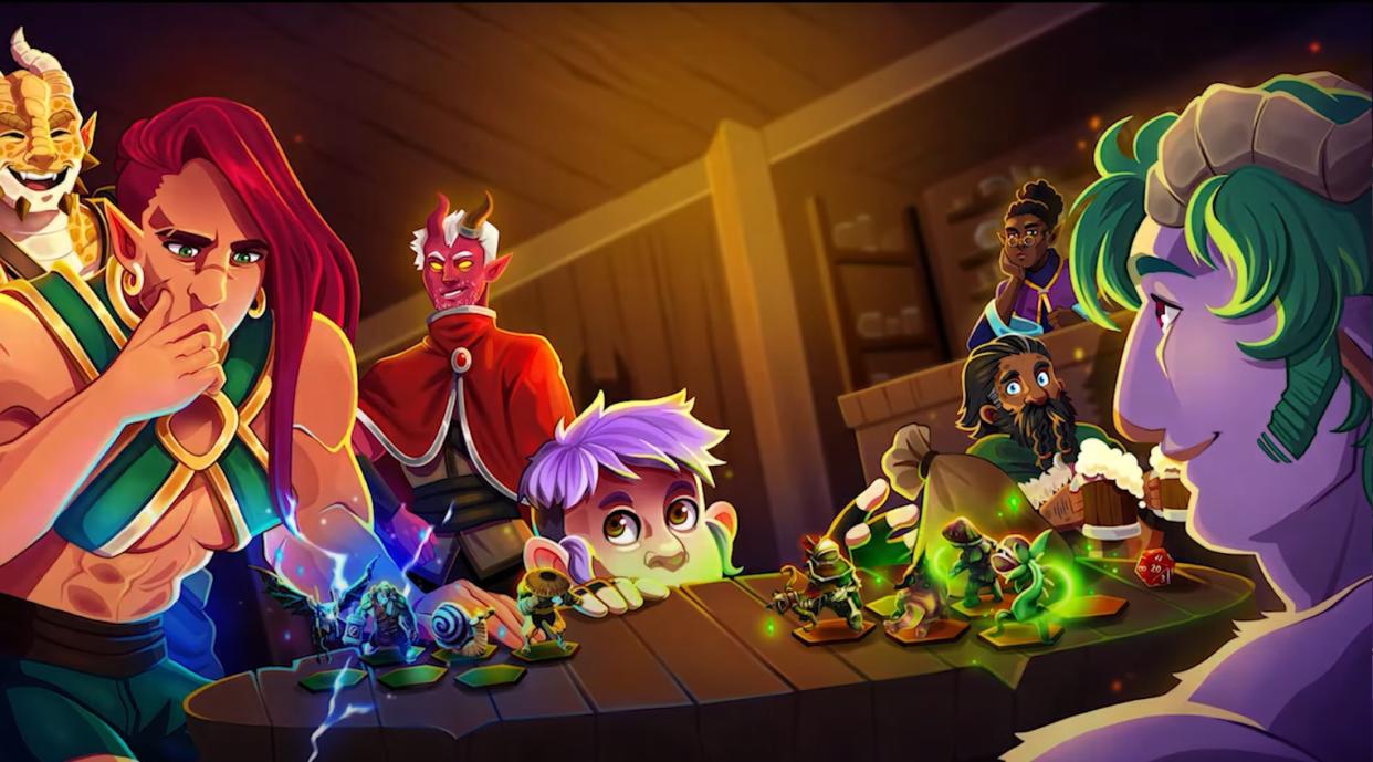  A colourful cast of fantasy characters gather around a table, where small mini-figures are duking it out. The lighting is warm, and the atmosphere is cheery. 