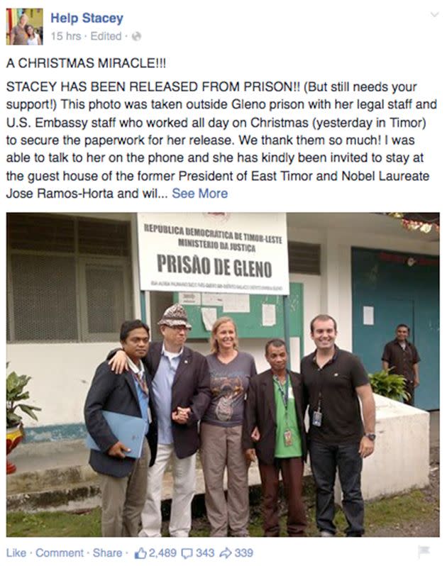 A post on a Facebook page dedicated to supporting Stacey Addison posts a message of thanks in honour of her release. Photo: Facebook/Help Stacey