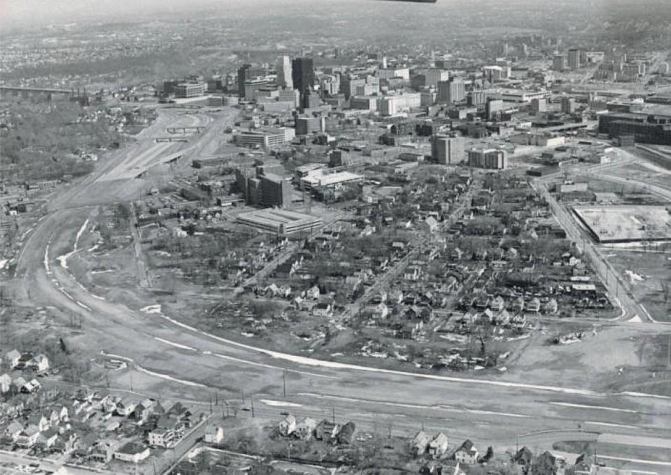 Aerial photograph of construction of the Innerbelt in Akron taken in 1978.