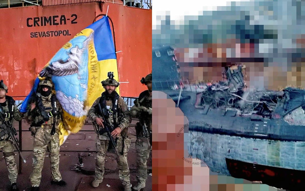 (left) Ukrainian military members standing on an oil and gas drilling platform in the Black Sea. (right) The damage endured by the 'Rostov-na-Donu' submarine