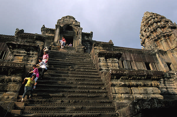 <strong>Angkor Wat, Cambodia</strong> The uppermost temples at Angkor Wat are almost 70 per cent inclined and some of them have ropes provided to help you haul yourself to the top. It is said that the stairs were made so steep to remind people that heaven is hard to reach.