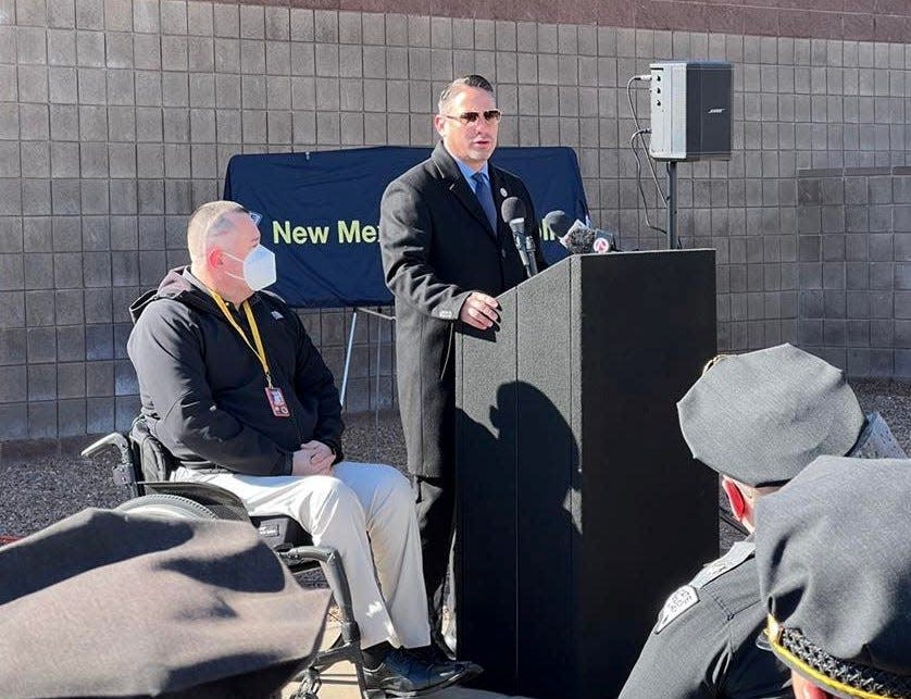 New Mexico Lt. Gov. Howie Morales addresses a ceremony commemorating fallen state police officer Darian Jarrott in Deming, N.M. on Friday, Feb. 4, 2022.