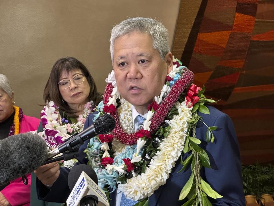 Hawaii House Speaker Scott Saiki speaks at a news conference at the Hawaii State Capitol on Wednesday, Jan. 17, 2024, in Honolulu. Hawaii lawmakers on Wednesday opened a new session of the state Legislature vowing to address glaring problems laid bare by the deadly wildfire that destroyed the historic town of Lahaina in August: the threat posed by wildfires and the lack of affordable housing. (AP Photo/Audrey McAvoy)