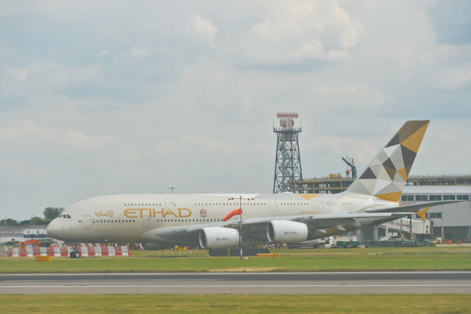 A view of Etihad Airways plane, a flag carrier and the second-largest airline of the United Arab Emirates, at London Heathrow Airport.  On Thursday, 21 July 2016, in Heatrow, United Kingdom. (Photo by Artur Widak/NurPhoto via Getty Images)