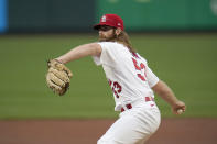 St. Louis Cardinals starting pitcher John Gant throws during the second inning of a baseball game against the Pittsburgh Pirates Tuesday, May 18, 2021, in St. Louis. (AP Photo/Jeff Roberson)