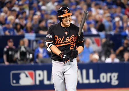 Baltimore Orioles left fielder Hyun Soo Kim (25) returns to the