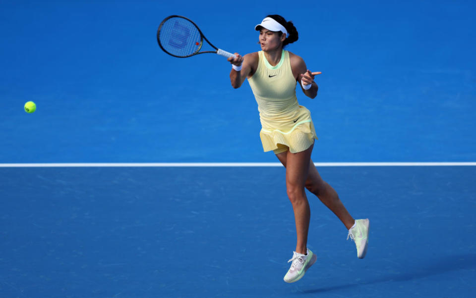 DOHA, QATAR - FEBRUARY 12: Emma Raducanu of Great Britain plays a forehand during her straight sets defeat against Anhelina Kalinina of Ukraine in their first round match during the Qatar TotalEnergies Open, part of the Hologic WTA Tour at Khalifa International Tennis and Squash Complex on February 12, 2024 in Doha, Qatar. (Photo by Clive Brunskill/Getty Images)