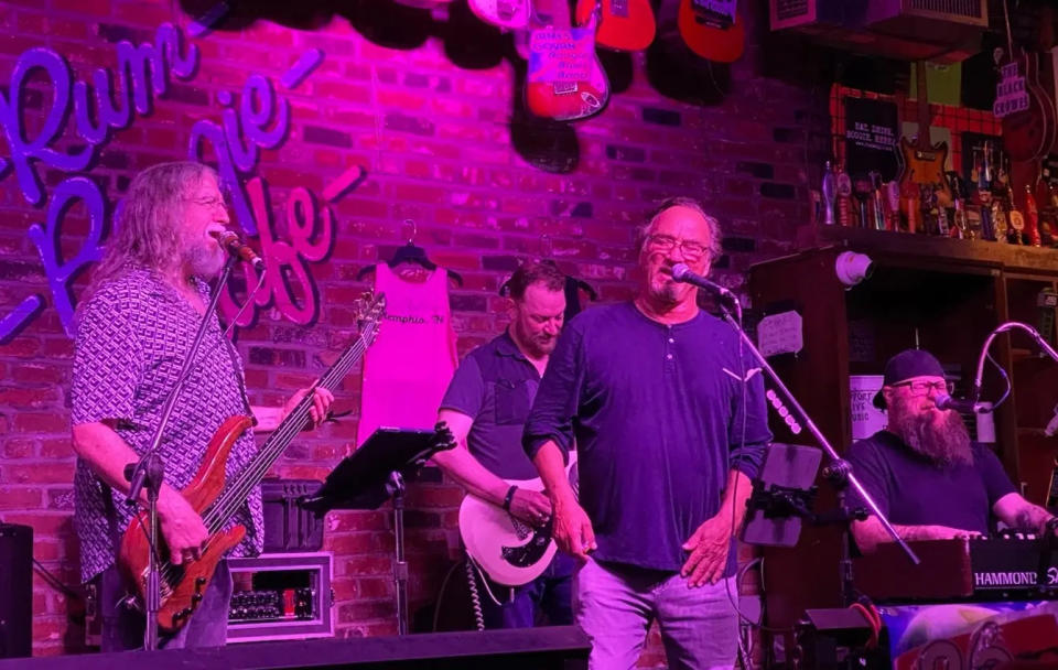 Actor Jim Belushi on Rum Boogie Café's stage with Memphis band FreeWorld on April 28, 2023.