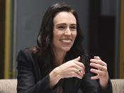 New Zealand's Prime Minister Jacinda Ardern smiles at the start of bilateral talks with Australian Prime Minister Scott Morrison in Melbourne, Australia, Friday, July 19, 2019. (Julian Smith/Pool Photo via AP)