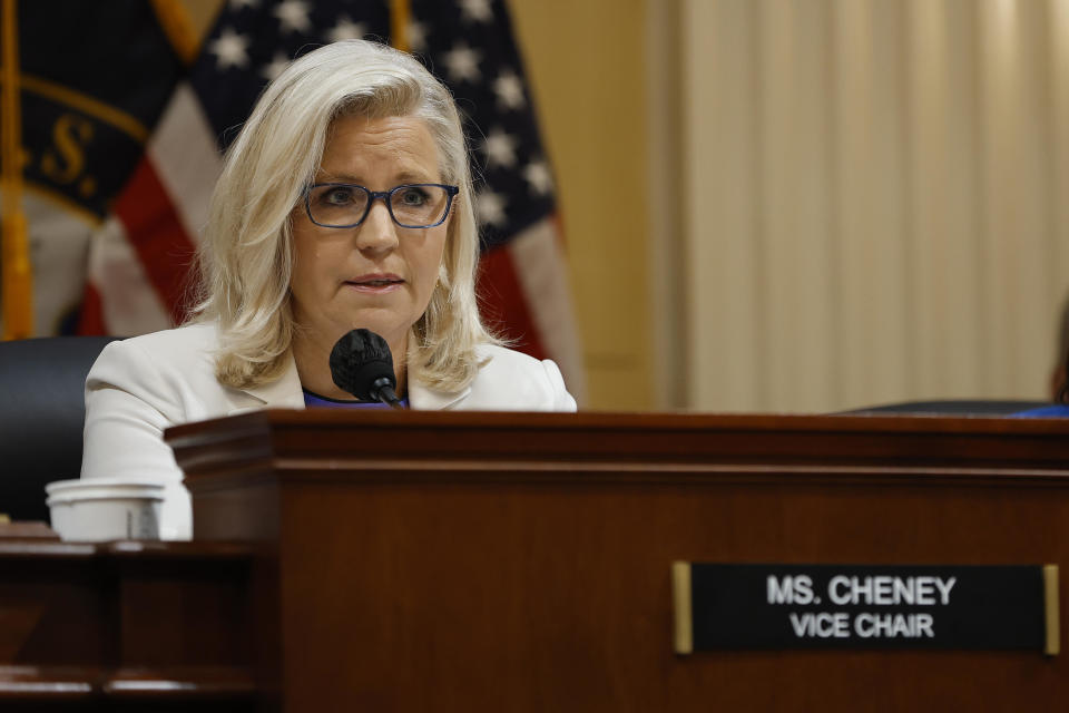 Rep. Liz Cheney (R-WY), Vice Chairwoman of the House Select Committee to Investigate the January 6th Attack on the U.S. Capitol, delivers closing remarks during a prime-time hearing in the Cannon House Office Building on July 21, 2022 in Washington, DC.  / Credit: / Getty Images