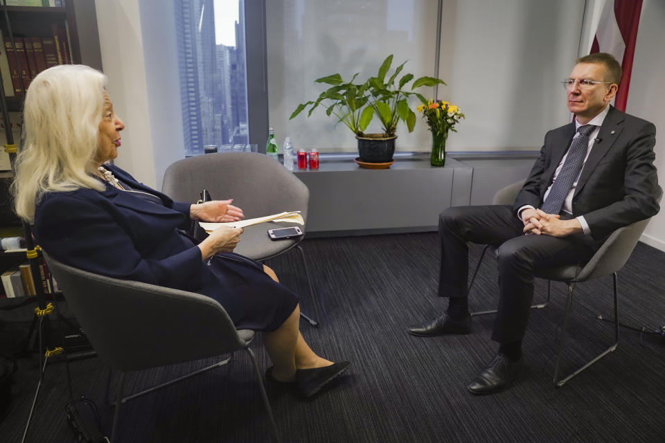 Associated Press journalist Edith Lederer, left, interviews Latvia's President Edgars Rinkēvičs at Latvia's U.S. Mission, Thursday, Nov. 9, 2023, in New York. (AP Photo/Bebeto Matthews)