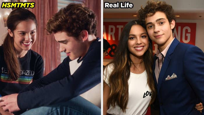 A side by side of Olivia Rodrigo and Joshua Bassett on the show and them as a real-life couple