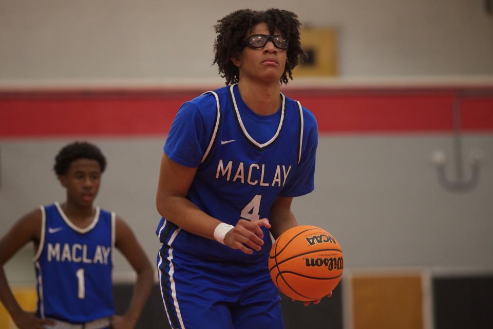 Maclay senior Jaquay Randolph attempts a free throw in a game against NFC on Dec. 2, 2021 at North Florida Christian School. Maclay won 52-45.