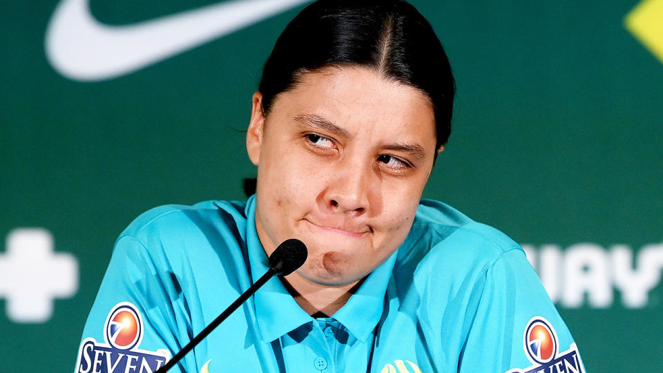 Sam Kerr speaks at a press conference.