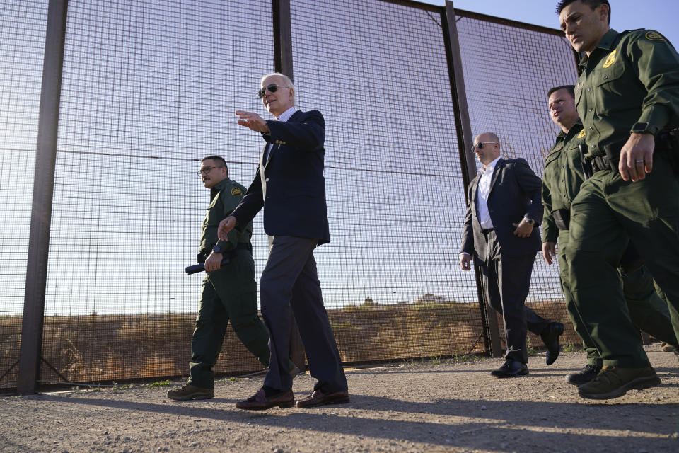 FILE - President Joe Biden walks along a stretch of the U.S.-Mexico border in El Paso Texas, Jan. 8, 2023. (AP Photo/Andrew Harnik, File)