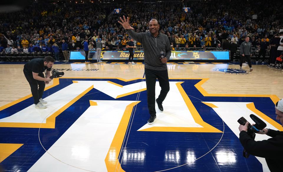 New Bucks head coach Doc Rivers speaks to the crowd at the Marquette-Seton Hall men’s basketball game Saturday at Fiserv Forum.