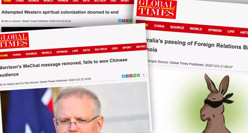 Screenshots of Global Times headlines attacking Australia.