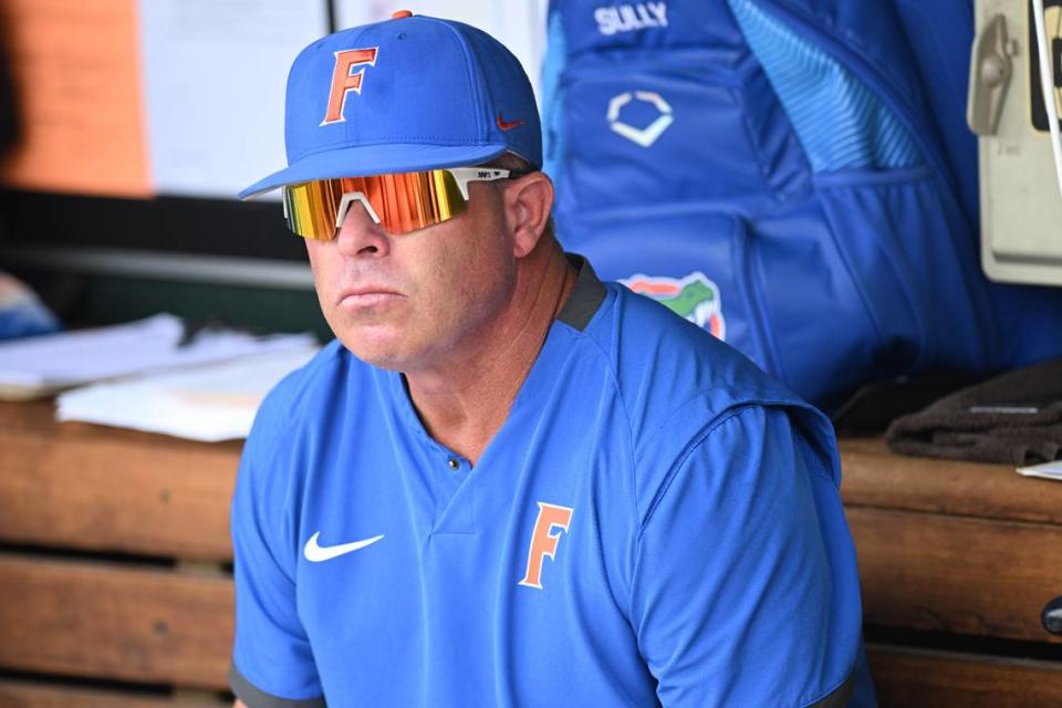 Jun 21, 2023; Omaha, NE, USA; Florida Gators head coach Kevin O’Sullivan waits for the start of the game against the TCU Horned Frogs at Charles Schwab Field Omaha.