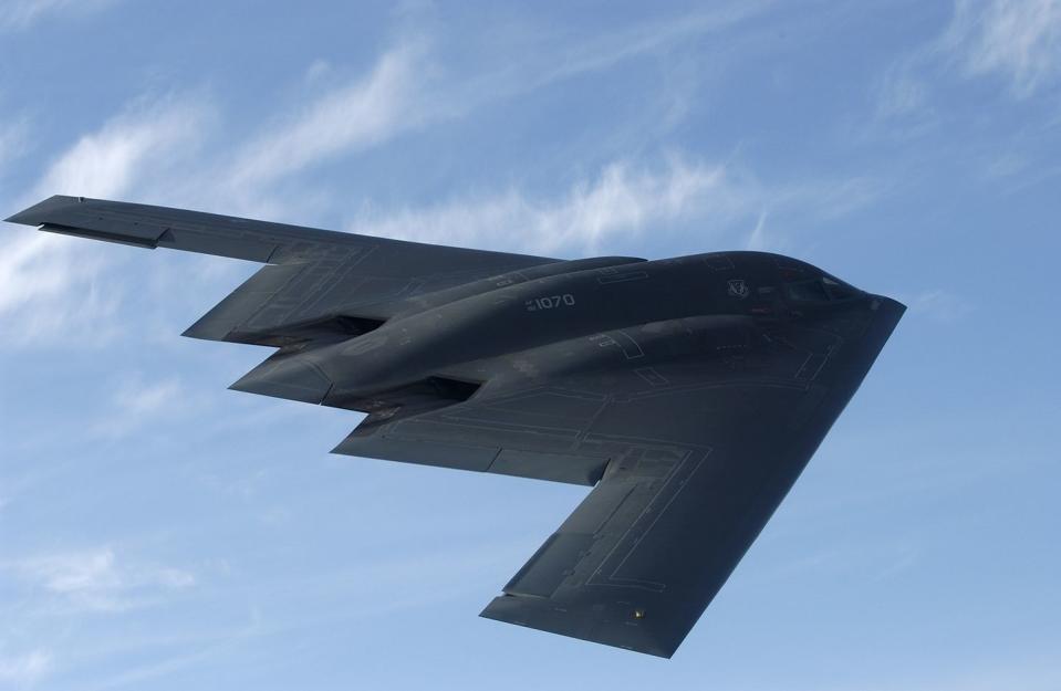 <p>The boomerang-shaped B-2 can stealthily <a href="https://www.af.mil/About-Us/Fact-Sheets/Display/Article/104482/b-2-spirit/" rel="nofollow noopener" target="_blank" data-ylk="slk:carry up to 40,000 pounds;elm:context_link;itc:0;sec:content-canvas" class="link ">carry up to 40,000 pounds</a> of conventional or nuclear bombs to any spot on the globe. With the help of aerial refueling, Spirits based in Missouri have flown non-stop missions to targets in Kosovo, Iraq, and Afghanistan, spending nearly two days in the air.</p>