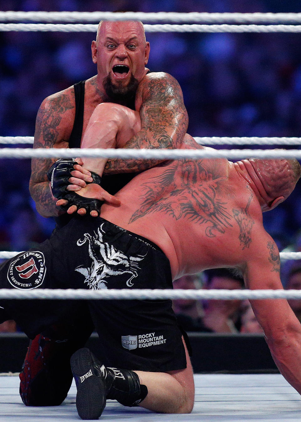 The Undertake, top, and Brock Lesnar, bottom, compete during Wrestlemania XXX at the Mercedes-Benz Super Dome in New Orleans on Sunday, April 6, 2014. (Jonathan Bachman/AP Images for WWE)