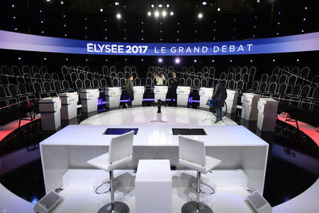 View of the television studio where the eleven candidates will participate in a prime-time televised debate for the French 2017 presidential election in La Plaine Saint-Denis, near Paris, France, April 4, 2017. REUTERS/Lionel Bonaventure/Pool