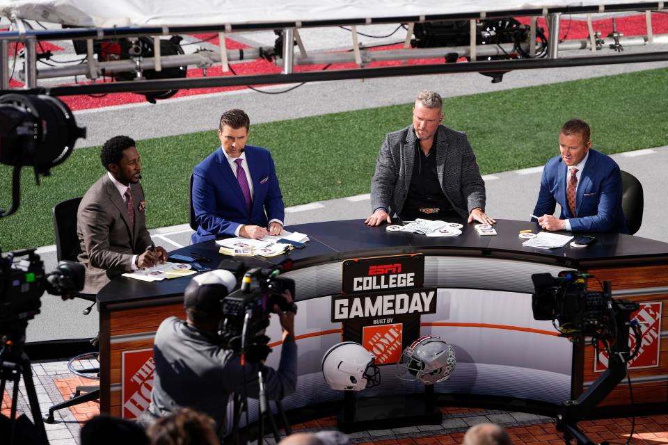 Oct 21, 2023; Columbus, Ohio, USA; The ESPN College Gameday crew broadcasts from the field prior to the NCAA football game between the Ohio State Buckeyes and the Penn State Nittany Lions at Ohio Stadium.