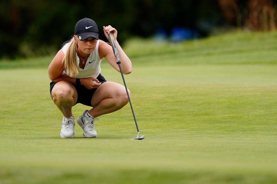 Frida Kinhult, of Switzerland, lines up her putt on the 13th green during the second round of the ShopRite LPGA Classic golf tournament, Saturday, June 11, 2022, in Galloway, N.J. (AP Photo/Matt Rourke)