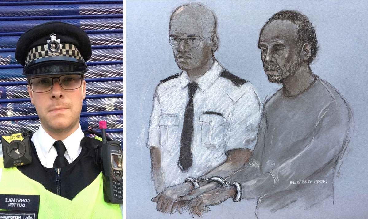 PC Outten, left, and a court sketch of Rodwan, right. (PA Images)