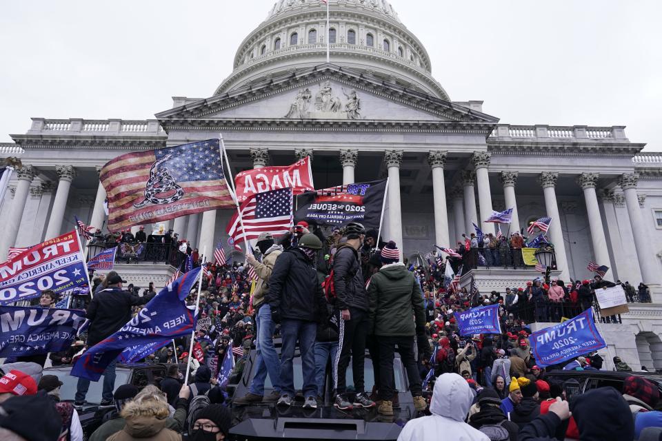  Protesters gather on the second day of pro-Trump events fueled by President Donald Trump's continued claims of election fraud in an to overturn the results before Congress finalizes them in a joint session of the 117th Congress on Wednesday, Jan. 6, 2021 in Washington, DC.  / Credit: Kent Nishimura