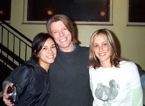 The author (left), David Bowie and Holly Palmer backstage in Copenhagen in 1999.