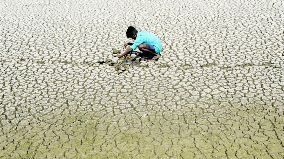 Un joven indio busca cangrejos de barro en el lecho de un lago seco en Chennai, India