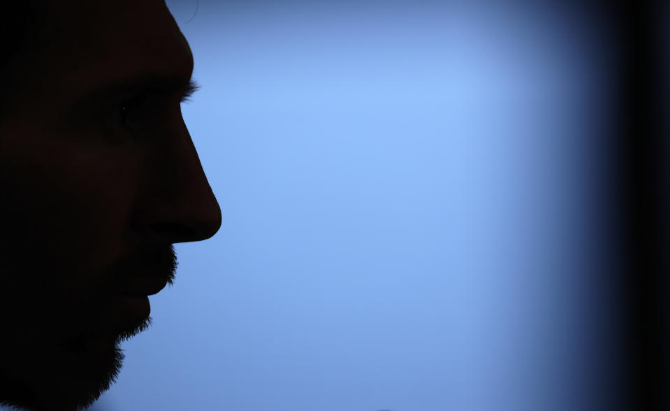 FC Barcelona's Lionel Messi attends a press conference at the Sports Center FC Barcelona Joan Gamper in Sant Joan Despi, Spain, Friday, May 24, 2019. FC Barcelona will play against Valencia in the Spanish Copa del Rey soccer match final on Saturday. (AP Photo/Manu Fernandez)