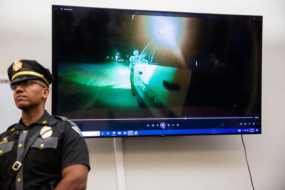 NMSP Lieutenant Ray White presents the body cam footage of an officer involved shooting with Sheriff Kim Stewart and LCPD Interim Chief Jeremy Story during a DASO news conference on Tuesday, July 18, 2023, at Doña Ana County Government Center.
