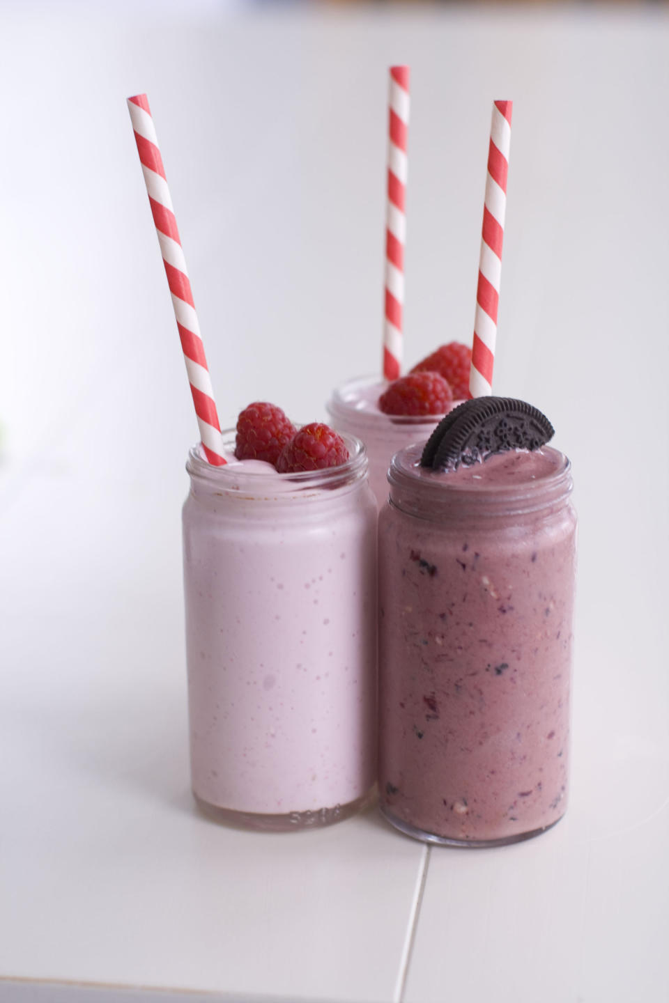 In this image taken on April 23, 2012, a Chocolate Cherry Buttermilk Shake and Raspberry Key Lime Cheesecake Milkshakes are shown in Concord, NH. (AP Photos/Matthew Mead)