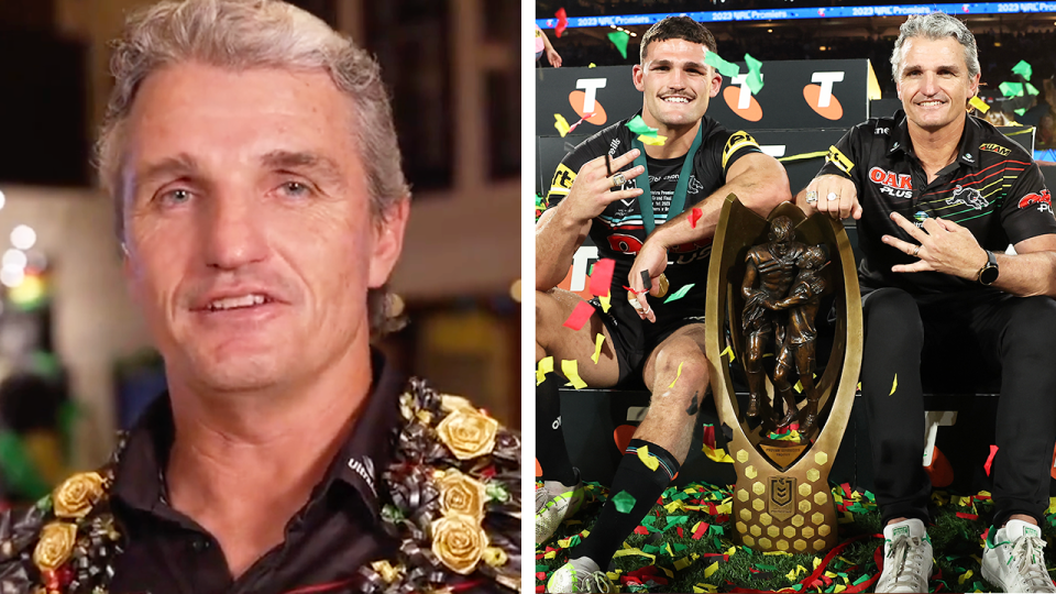 Penrith coach Ivan Cleary during an interview and Nathan Cleary celebrating with his father Ivan Cleary.