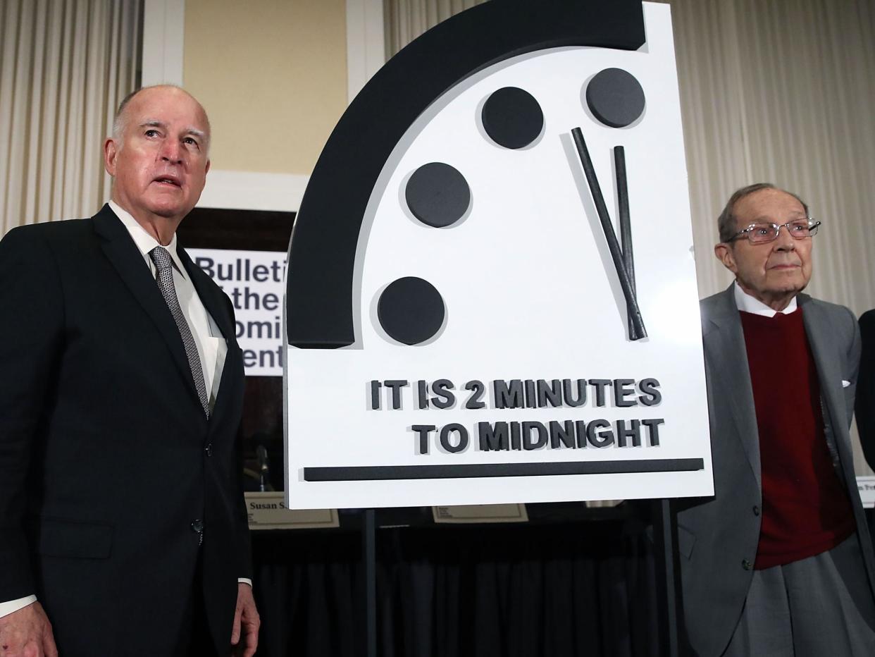 Former California governor Jerry Brown and former US secretary of defence William Perry unveil the Doomsday Clock: Getty Images