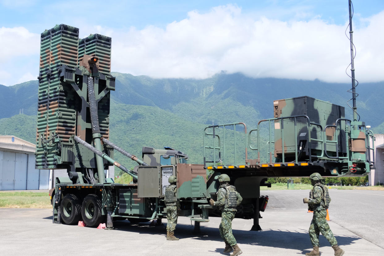 Taiwanese soldiers operate a Sky Bow III (Tien-Kung III) Surface-to-Air missile system at a base in Taiwan's southeastern Hualien county on Thursday, Aug. 18, 2022. Taiwan is staging military exercises to show its ability to resist Chinese pressure to accept Beijing's political control over the island.(AP Photo/Johnson Lai)