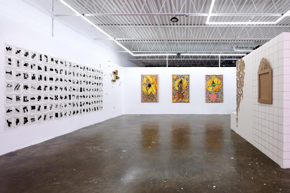 At left, wall installation by Migiwa Orimo; center, paintings by Armando Roman.