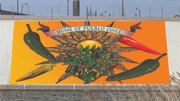 Mockup image of the Pueblo Chile mural to be painted on the levee.