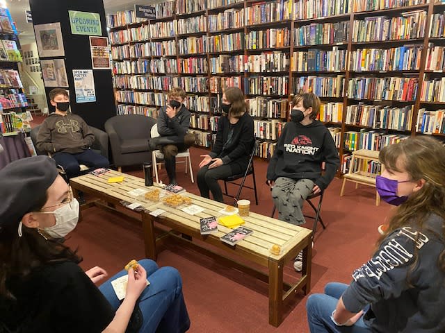 A recent meeting of the Kutztown banned book club. The students are discussing their latest read, 