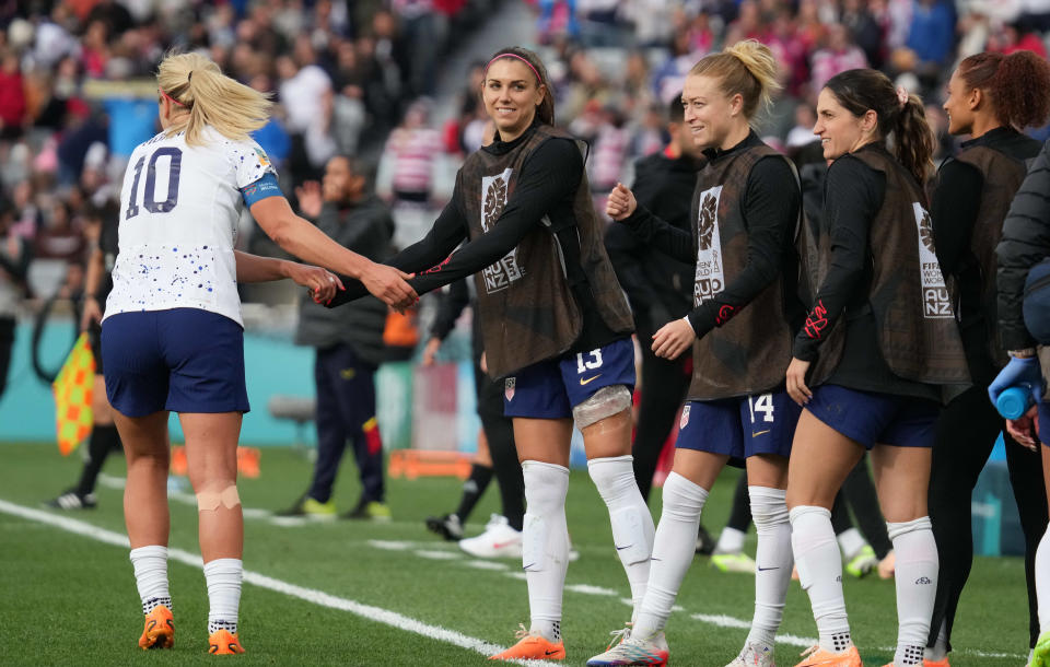 Jul 22, 2023; Auckland, NZL; USA midfielder Lindsey Horan (10) celebrates with USA forward Alex Morgan (13) after scoring a goal against Vietnam in the second half of a group stage match in the 2023 FIFA Women's World Cup at Eden Park. Mandatory Credit: Jenna Watson-USA TODAY Sports ORG XMIT: IMAGN-715850 ORIG FILE ID: 20230721_jel_ax9_469.jpg