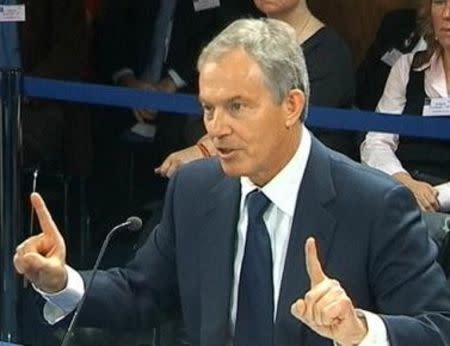 A still image from video shows former British Prime Minister Tony Blair speaking at an inquiry into Britain's role in the Iraq War, at the Queen Elizabeth II Conference Centre, in central London January 21, 2011. REUTERS/Pool