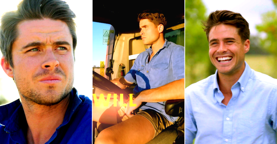 A collage of Farmer Wants a Wife contestant Will. Left: A headshot looking off into the distance. Middle: Sitting in a tractor wearing stubbies. Right: Laughing and smiling with out of focus bush in the background