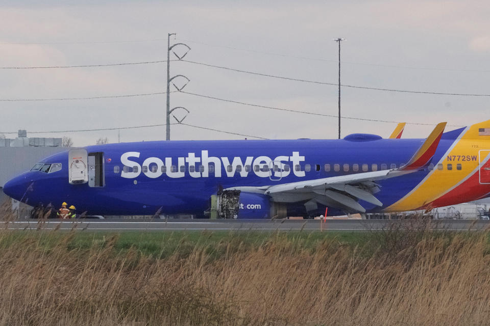 The damaged Southwest Airlines&nbsp;plane after landing at Philadelphia International Airport.&nbsp; (Photo: Mark Makela / Reuters)